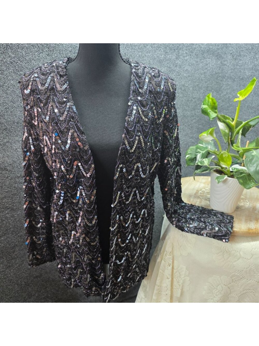 Vtg 80's Sequin Open Front Jacket S Black USA Cocktail Whimsygoth Evening Glam